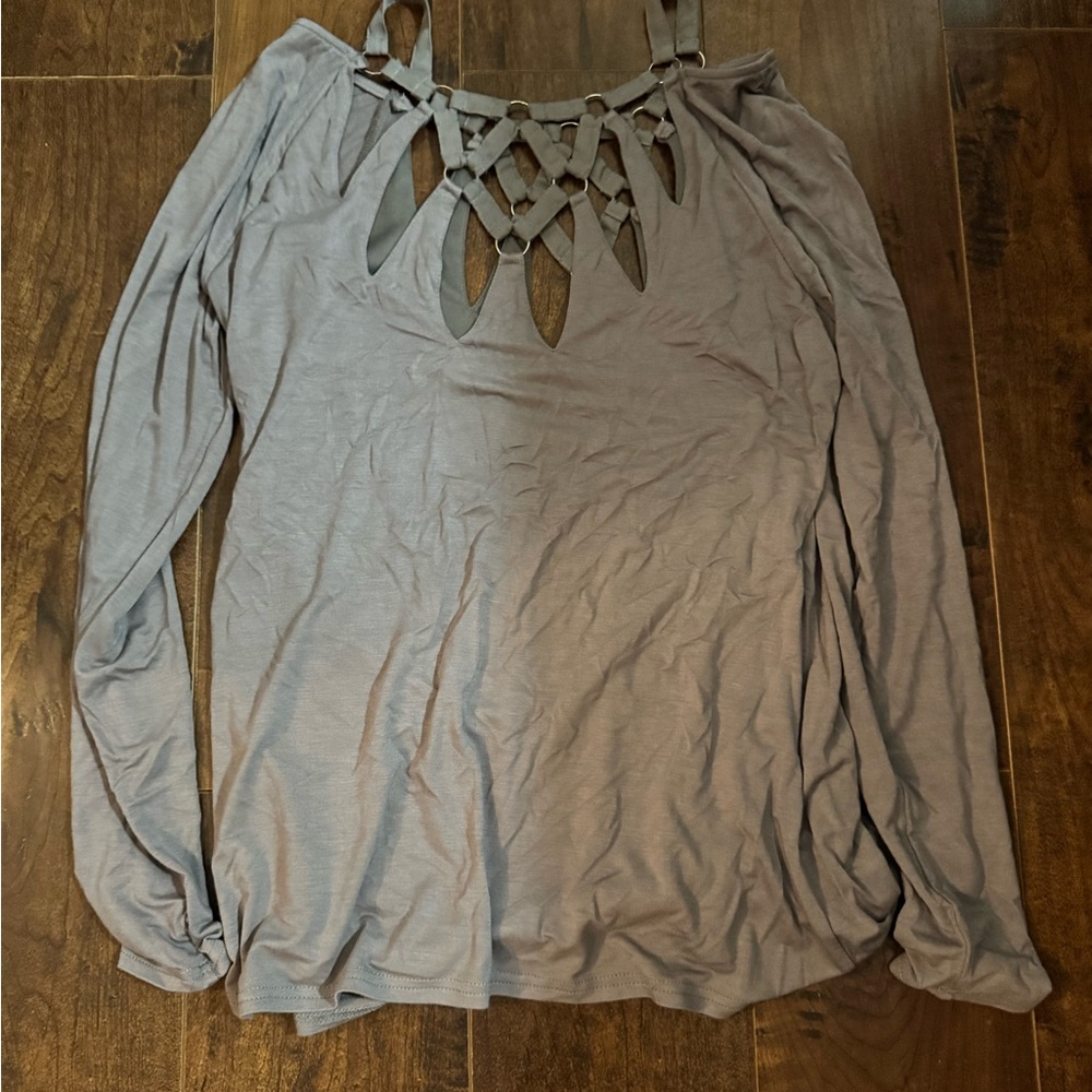 Buckle Grey Long Sleeve Cut Out Blouse
